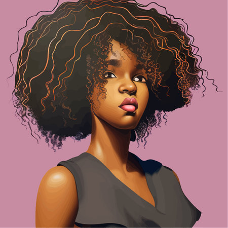 Black Afro African American girl woman lady vector illustration portrait head face curly natural waves hair puff hairstyle drawing illustration. Laser plotter cutting. Logo Beauty salon. printのイラスト素材