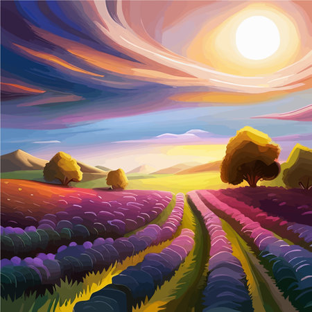 Simple natural horizontal background with blooming lavender field scenery. Serenity nature landscape with purple plants, mountains, floating clouds vector illustration.のイラスト素材