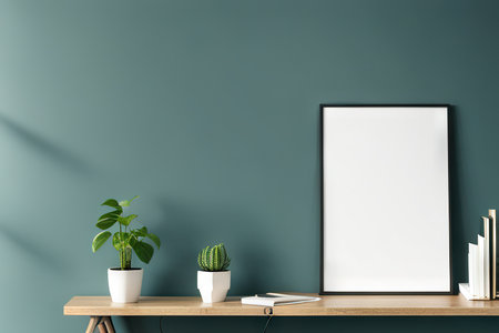 Empty frame mockup in modern minimalist interior with trendy potted plant on green wall background, template for artwork, painting. Illustrationの素材