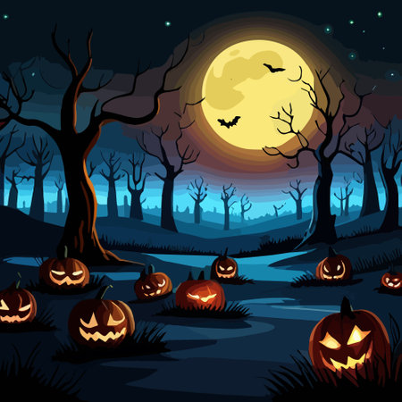 Vector illustration halloween pumpkin Spooky night background with full moon, clouds, bats, bare trees silhouettes and dark blue sky sign, poster designのイラスト素材