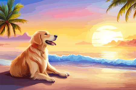 Golden Retriever dog is on summer vacation at seaside resort and rests relaxing on the sandy beach at sunset vector illustrationのイラスト素材
