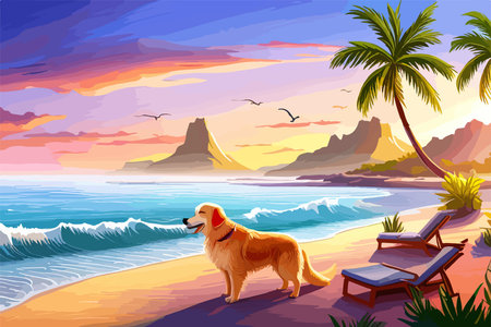 Golden Retriever dog is on summer vacation at seaside resort and relaxing rest, vector illustrationのイラスト素材