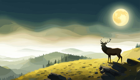 Spring landscape. Illustration of mountains, deer under sky and mountains in the fog. Horned reindeer stands on a rockのイラスト素材