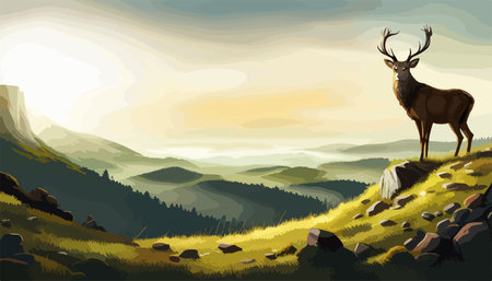 Spring landscape. Illustration of mountains, deer under sky and mountains in the fog. Horned reindeer stands on a rockのイラスト素材