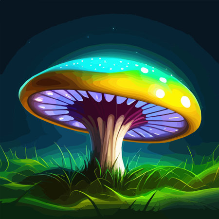 Magical mushroom in fantasy enchanted fairy tale forest with lots of brighness and lighting. vector illustration. Vector illustrationのイラスト素材