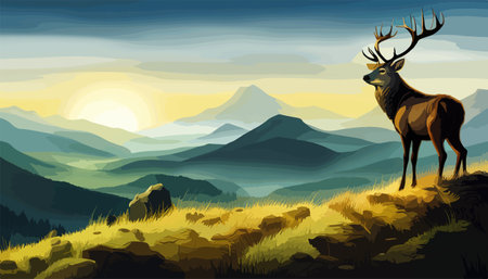 Reindeer in tundra, minimalistic vector design illustration, beautiful majestic wild beast stands on a rocky terrain against the backdrop of mountains in the fogのイラスト素材