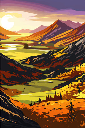 a painting of a mountain river with trees and mountains in the background. autumn landscape, vector illustration.のイラスト素材