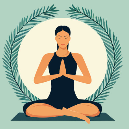Vector Illustration woman doing yoga and meditating in lotus pose. She is drawn in a circle with a colored background of plants and leaves.のイラスト素材