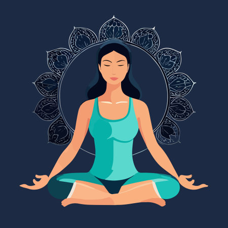 Vector illustration yoga woman in circle frame with bright and floral ornament on color background. Lotus pose Padmasana.のイラスト素材