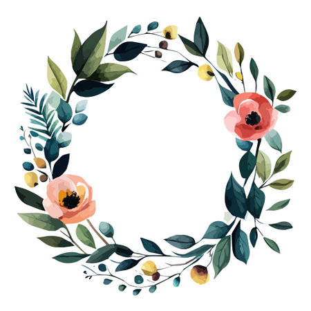 Watercolor wreath with poppy wildflowers, plants. Floral frame, botanical wedding invitation. Ethereal leaves and branches pastel colors, vector illustration isolated on white background inのイラスト素材