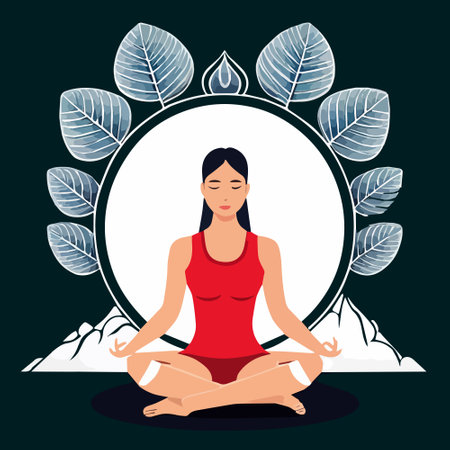 Vector Illustration woman doing yoga and meditating in lotus pose. She is drawn in a circle with a colored background of plants and leaves.のイラスト素材