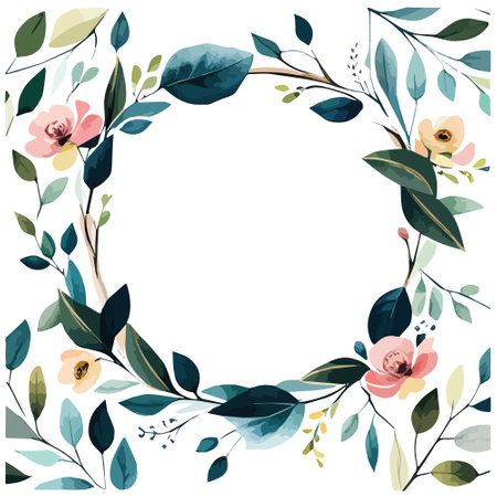 Watercolor wreath with poppy wildflowers, plants. Floral frame, botanical wedding invitation. Ethereal leaves and branches pastel colors, vector illustration isolated on white background inのイラスト素材