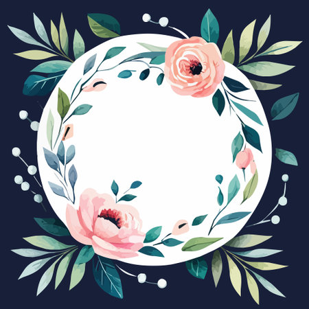 Vector illustration floral wreath with delicate poppy flowers and green leaves. Floral circle frame. Greeting or invitation card design on dark blue backgroundのイラスト素材