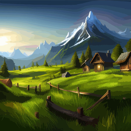 vector illustration of a mountain landscape in the alps, with a wooden house.のイラスト素材