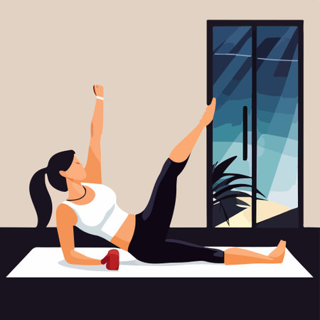 Young woman working out doing exercises at home on floor in healthy Daily Life concept vector cartoon illustrationのイラスト素材