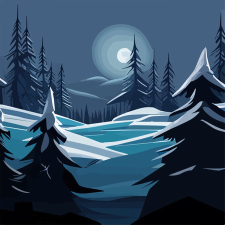 Winter Night, moonlight, fantastic spooky house in a dark forest fantasy scene, Landscape with hut. Vector illustration misty forest at night.のイラスト素材