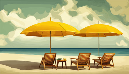 Beach chairs with yellow umbrella and cocktail on sand seashore. Against background of the sky with clouds, vector illustrationのイラスト素材