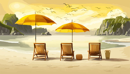 Beach chairs with yellow umbrella and cocktail on sand seashore. Against background of the sky with clouds, vector illustrationのイラスト素材