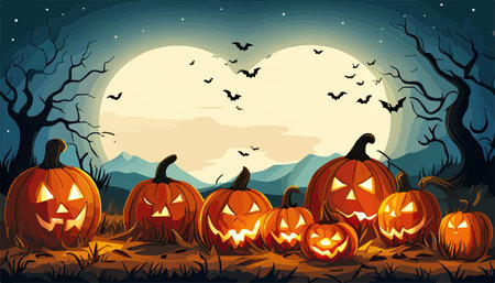Spooky halloween pumpkins, Jack O Lantern, with an evil face and eyes on grass in with a misty night sky background with a full moon. Vector illustrationのイラスト素材