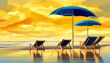 Beach chairs with yellow umbrella and cocktail on sand seashore. Against background of the sky with clouds, vector illustrationのイラスト素材