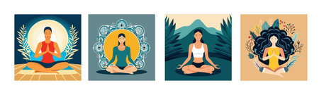 Banner set Vector illustration girl meditating in lotus position on background leaves. International day of yoga, minimalistic illustration for study website on color backgroundのイラスト素材