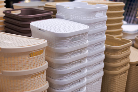 many different containers for storing various things, for organizing space and convenience at home, stand on a shelf in a storeの写真素材