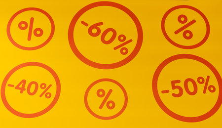 numbers and percentages of discounts are written on yellow paper in red, the concept of sale and black fridayの写真素材