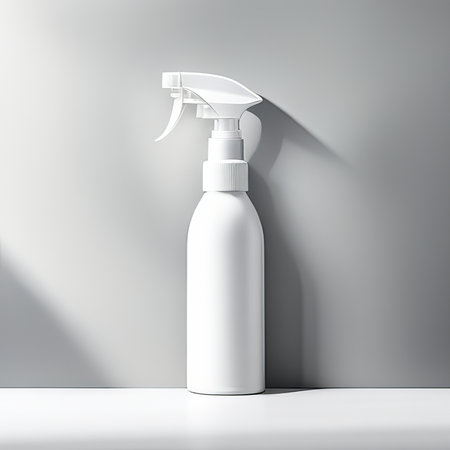 Aerosol white bottle spray and white label isolated on background. Minimal concept mockupの写真素材