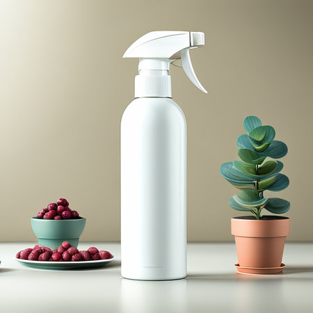 Aerosol white bottle spray and label isolated on background. Minimal concept mockup