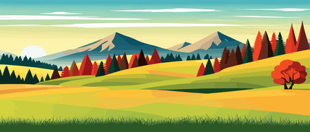 banner Spring landscape with green field and flowers cartoon rural farmland with mountain and forest, Natural scene in countryside,Panorama view on sunny day Summer vector illustrationのイラスト素材