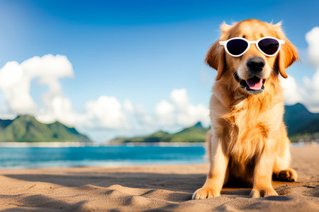 Golden Retriever dog is on summer vacation at seaside resort and rests relaxing on the sandy beach at sunset illustrationの素材