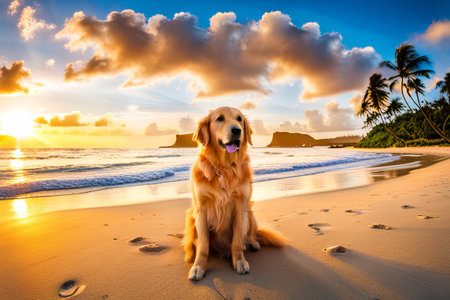 Labrador retriever dog lying down on beach bed on a tropical summer beachの素材