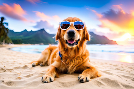 Labrador retriever dog lying down on beach bed on a tropical summer beachの素材