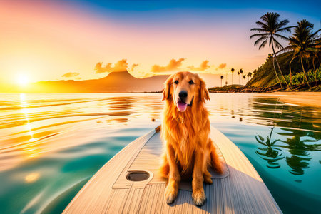 Labrador retriever dog lying down on beach bed on a tropical summer beachの素材