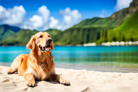 Happy Golden retriever puppy on sand beach Concept for summer adventuresの素材