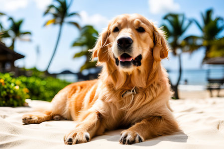 Golden Retriever dog is on summer vacation at seaside resort and rests relaxing on the sandy beach at sunset illustrationの素材