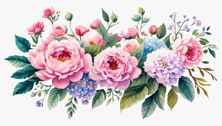 roses, hydrangea and peonies.collection garden pink flowers, leaves, branches, Botanic vector illustration isolated on white background. bud of flowersのイラスト素材