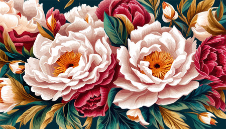 Peonies flowers design oil painting. Pink peony, roses with green leaves floral flower. Creative flower painting. For invitation card, cover book, notebook. Artwork vector illustrationのイラスト素材