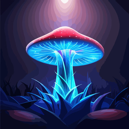 Magical mushroom in fantasy enchanted fairy tale forest with lots of brighness and lighting. vector illustration. Vector illustrationのイラスト素材