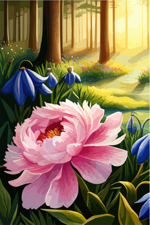 Floral Botanical wallpaper with realistic peonies in garden. Flowers, buds, leaves for wallpapers, fabrics, wrapping paper, banners, blogs, social media, vector illustrationのイラスト素材