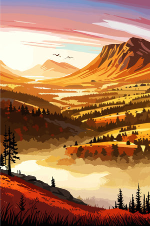 a painting of a mountain river with trees and mountains in the background. autumn landscape, vector illustration.のイラスト素材