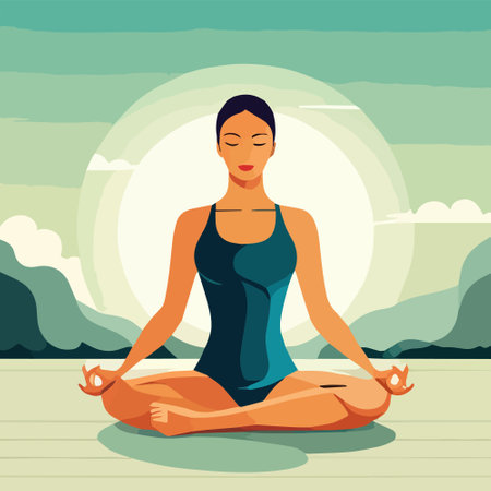Vector illustration yoga woman in circle frame with bright and floral ornament on color background. Lotus pose Padmasana.のイラスト素材