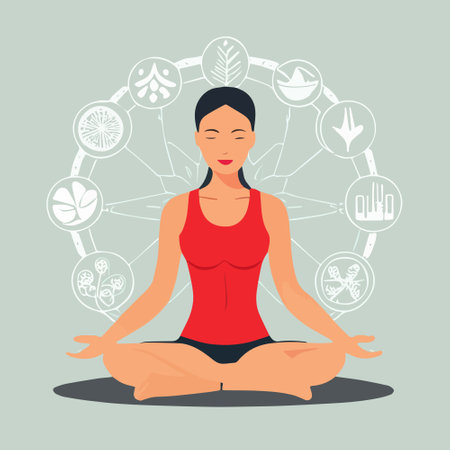 Vector illustration yoga woman in circle frame with bright and floral ornament on color background. Lotus pose Padmasana.のイラスト素材