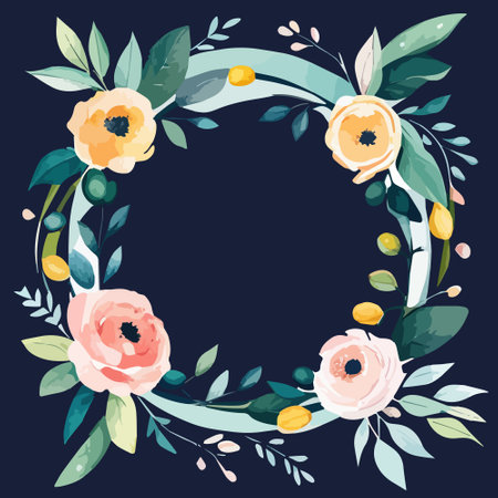 Vector illustration floral wreath with delicate poppy flowers and green leaves. Floral circle frame. Greeting or invitation card design on dark blue backgroundのイラスト素材