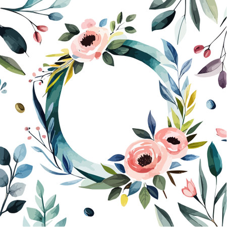 Floral wreath for wedding save the date card. Vintage meadow flowers and grass. Watercolor gently pink flowers on a white background, vector illustrationのイラスト素材