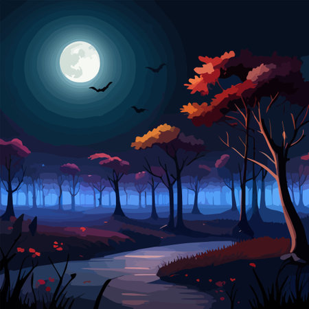 Halloween spooky background, scary pumpkins scene. Scary creepy forest in october dark night autumn gloomy creepy trees with full moon. Happy Halloween outdoor backdrop concept. Vector illustrationのイラスト素材