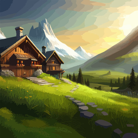 Majestic view of a wood log touristic cabin with a mountain in the background. Beautiful serene rustic landscape vector illustration.のイラスト素材