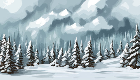 vector illustration winter mountain landscape with pine trees and mountains. Vector illustrationのイラスト素材