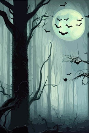 Happy Halloween background and scary tree pumpkin on full moon dark night and black bat and dark mystical forest. Vector illustrationのイラスト素材