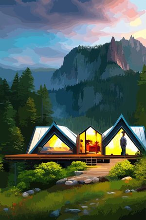 vertical vector illustration of a mountain landscape, with camping in nature. Vector illustrationのイラスト素材